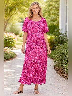 NWT Roaman's Women's Pink Paisley Print Flutter Sleeve Crinkle Dress 1X